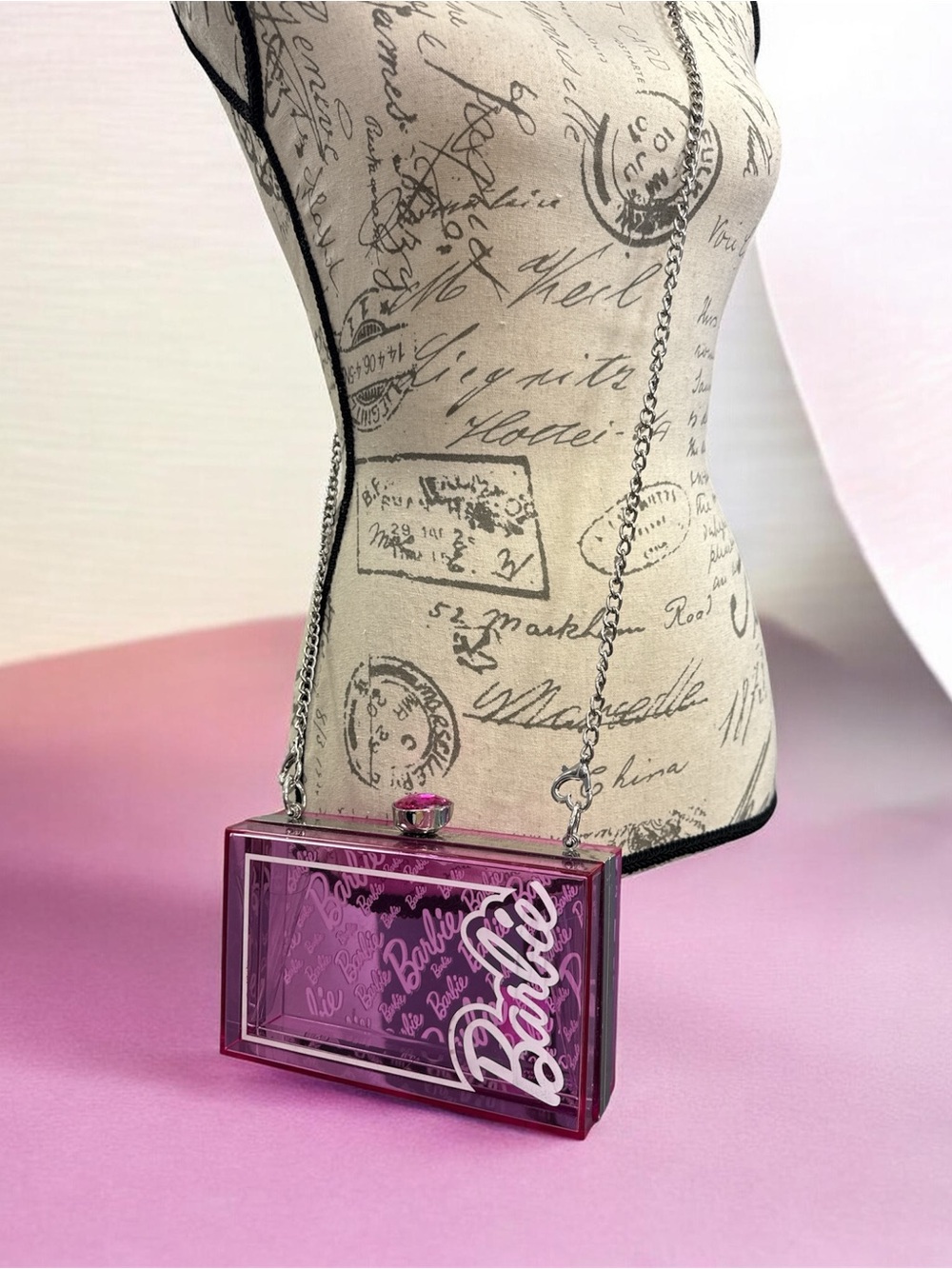 Barbie Pink Clear Acrylic Box Clutch with Chain